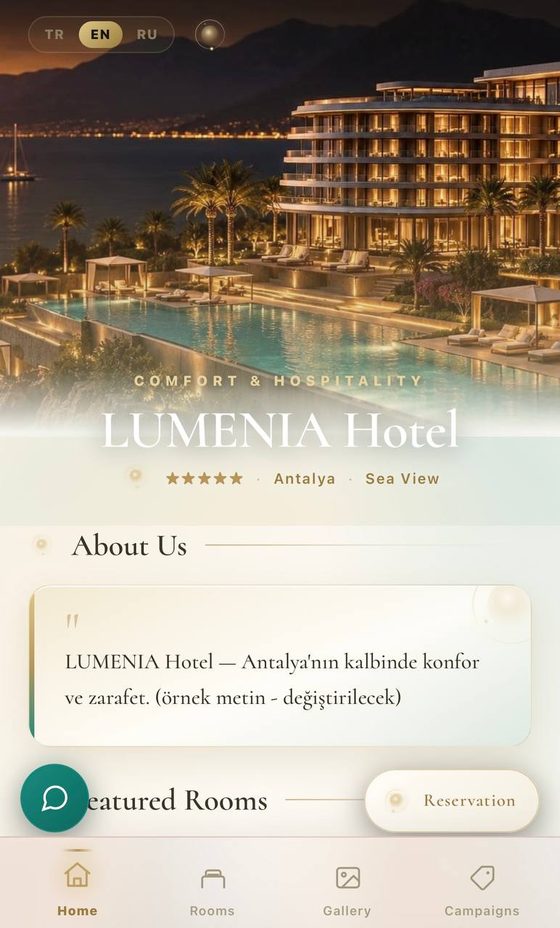 LUMENIA otel uygulaması — ana sayfa ekranı