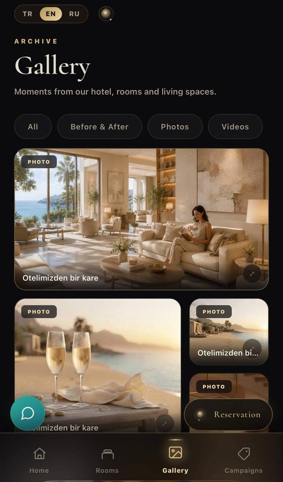 LUMENIA otel uygulaması — galeri ekranı