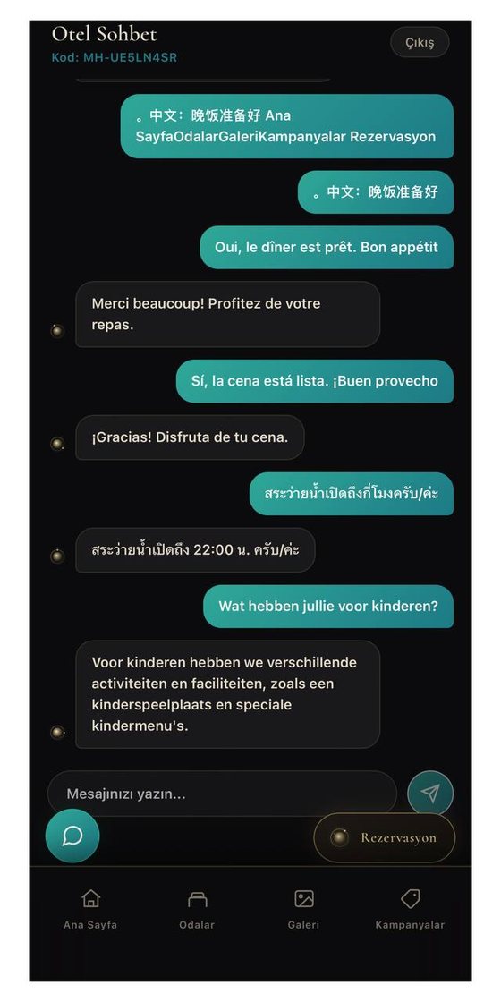 LUMENIA otel uygulaması — çok dilli yapay zekâ misafir sohbeti (Çince, Fransızca, İspanyolca, Tayca, Felemenkçe)