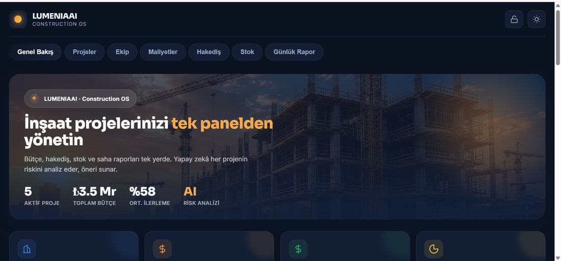 LUMENIAAI Construction OS — inşaat yönetim paneli genel bakış